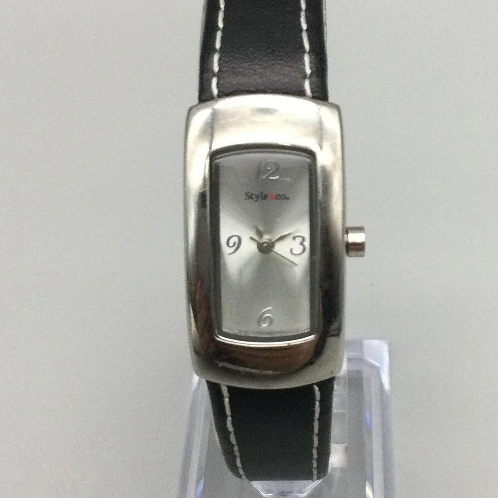 Style & Co. Womens Watch 18mm Silver Dial Black Leather Open Cuff New Battery